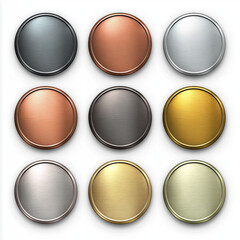 A set of metal chrome circle buttons is presented in vector format, featuring metallic rose gold,  
bronze, silver, steel, holographic, and golden badges for diverse design applications, Ai