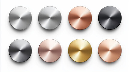 A set of metal chrome circle buttons is presented in vector format, featuring metallic rose gold,  
bronze, silver, steel, holographic, and golden badges for diverse design applications, Ai