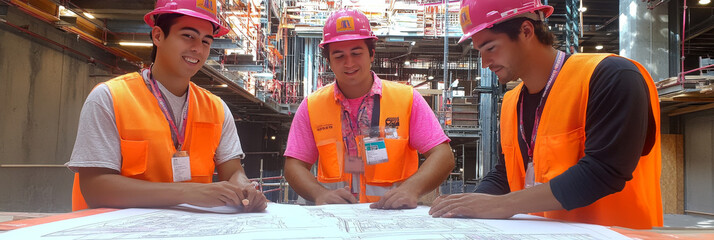 Three young men in construction vests review blueprints on a job site.