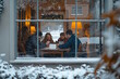 © MarGa - A family gathered around a table seen through a frosted window, enjoying the festive season indoors. Concept of togetherness and holiday warmth