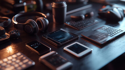 Poster - Collection of electronic devices including phones, headphones, and keyboards arranged on a workspace
