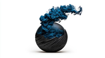 Abstract black sphere with blue swirling smoke, white isolated background.