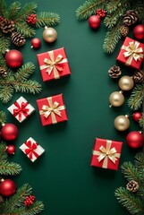 Wall Mural - christmas gifts arrangement, red and gold wrapped presents, festive ornaments, evergreen branches, p