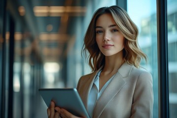 Serious female administrative manager in formal suit walking in office with digital tablet for checking office working process, confident woman business owner looking at window passing, Generative AI