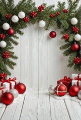 Wall Mural - classic christmas composition with fir branches and white and red baubles on white wooden background