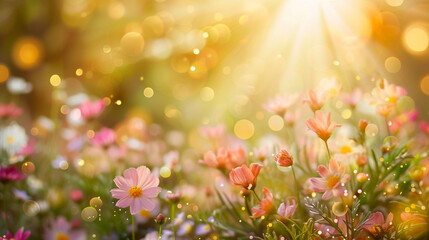 Blooming meadow with wildflowers and soft sunlight against a sparkling background