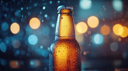 A close-up of a cold beer bottle covered in water droplets, with a blurred rainy city background and glowing bokeh lights.