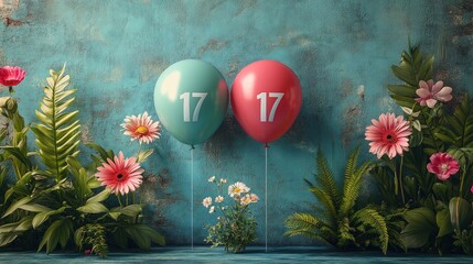 Wall Mural - Colorful balloons with the number 17 amidst vibrant flowers.