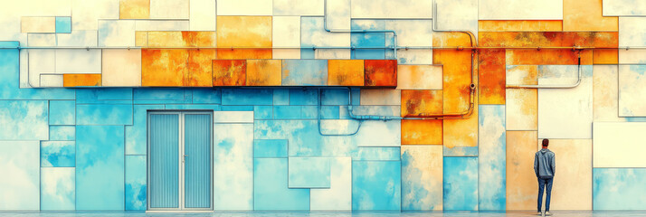 Wall Mural - A man stands in front of a colorful, geometric wall.