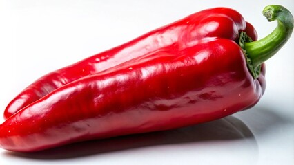 A single, ripe red bell pepper with a green stem, lying on a white surface.