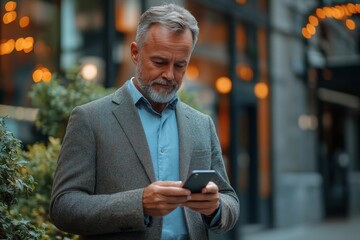 Professional Caucasian male man using smartphone to review customer data, Generative AI