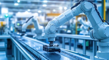 Poster - A robotic arm assembling components on a conveyor belt in a modern industrial setting.