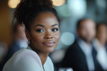 Millennial black businesswoman addressing colleagues at a corporate business meeting, close up, Generative AI