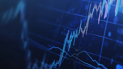 Wall Mural - Macro close-up of a stock market investment trading chart displayed in blue, analyzing data with 
candlestick graphs, Ai