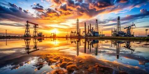 Industrial Sunset Reflection, Oil Refinery, Industrial Landscape, Sunset Sky