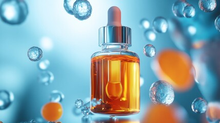 Serum and vitamins flowing through skin cells, promoting healthy skin in a 3D cosmetic illustration. 