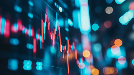 Wall Mural - Macro close-up of a stock market investment trading chart displayed in blue, analyzing data with 
candlestick graphs, Ai