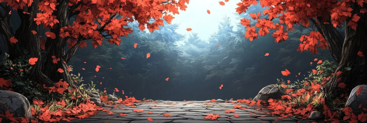 Poster - Red leaves fall on a stone path in a forest.