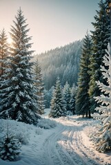 Wall Mural - Frosty winter landscape in snowy forest christmas background with fir trees and blurred background of winter christmas background Ultra realistic Photorealistic picturesque scenery