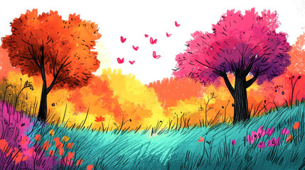 Sticker - A whimsical illustration of a forest with vibrant colors and butterflies.