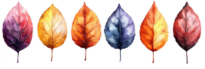 Wall Mural - Watercolor painting of six autumn leaves in various shades