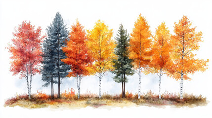 Sticker - Watercolor painting of autumn trees in shades of red, orange, and yellow.