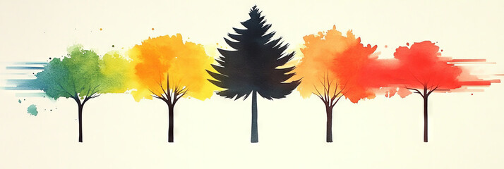 Sticker - Five trees stand in a row, each with a different colored watercolor wash.