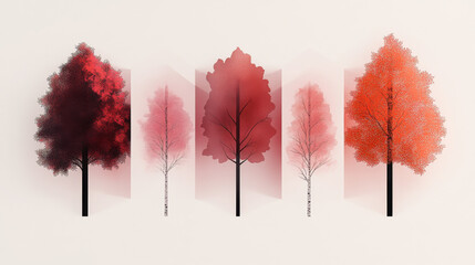 Sticker - Five trees in various shades of red and white.