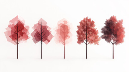 Sticker - Five stylized trees in various shades of red against a white background.