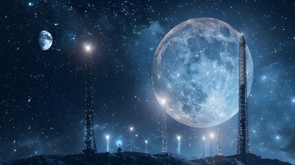 Wall Mural - celestial beacon glowing towers and radiant signals guiding travelers across the starry night sky