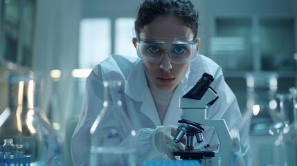 Poster - A woman wearing a lab coat and goggles is looking through a microscope