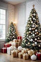 Decorated christmas tree with white balls garlands and gift boxes over white brick wall christmas background Ultra realistic Photorealistic picturesque scenery