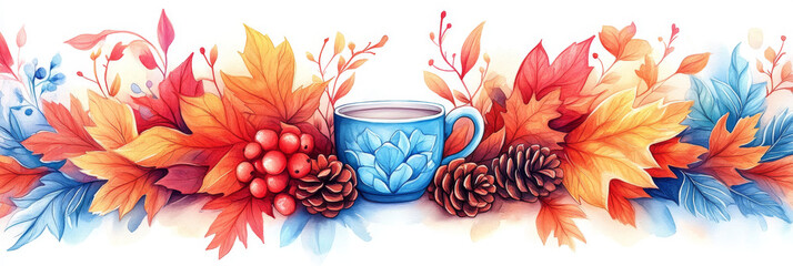 Sticker - Cozy autumn scene with a warm drink and fall leaves.