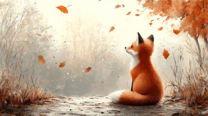 Wall Mural - A cute fox sits in the autumn forest, watching leaves fall.