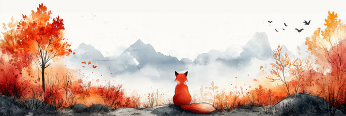 Wall Mural - A red fox sits in an autumnal forest, looking at a distant mountain range.