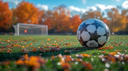 Soccer ball on a field with autumn leaves and a goal in the background