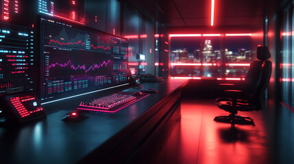 Poster - Modern office space with stock charts, glowing monitors, and city view at night