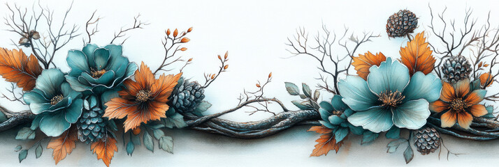 Poster - A whimsical floral arrangement with teal flowers and orange leaves.