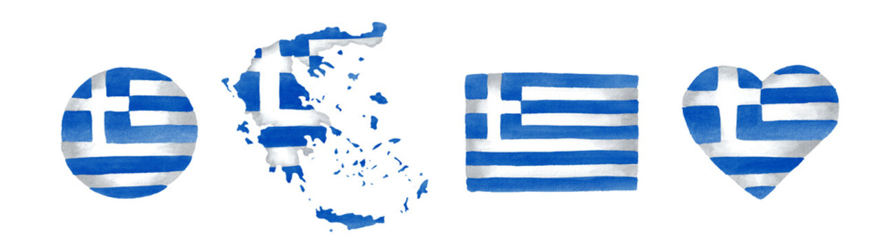 Greece Flag set. Hand drawn watercolor illustration, isolated on white  background