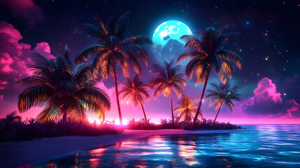 Wall Mural - Vibrant neon island landscape with glowing palm trees and sparkling ocean at night, neon, island, landscape, vibrant