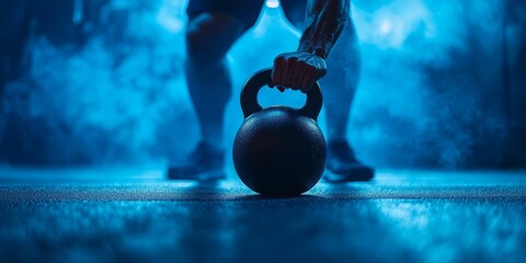 Focused workout with kettlebell in dramatic lighting