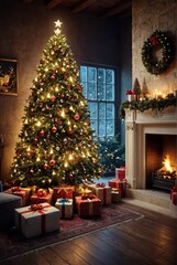 Wall Mural - interior christmas magic glowing tree fireplace gifts in dark christmas background ultra realistic p