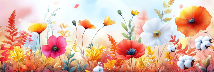 Wall Mural - Vibrant wildflowers bloom in a field of colorful hues.