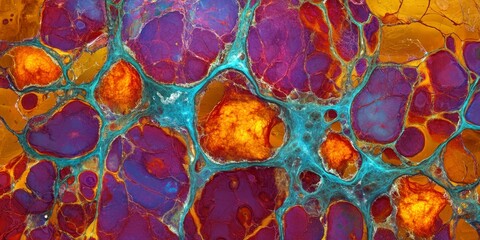 Poster - Microscopic Cell Web: Depict a complex, interconnected web of cells under a microscope, with thin filaments and glowing nodes showing the communication between cells in a