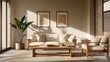 © LookMoo - A cozy, minimalist living room featuring a beige sofa, wooden furniture, and a decorative plant, illuminated by natural light.