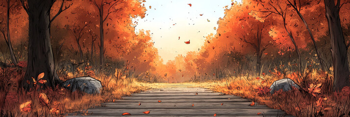 Canvas Print - Autumn leaves fall on a wooden path in a forest.