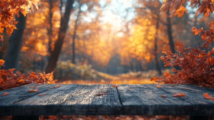 Poster - Rustic wooden table in the middle of fall forest.