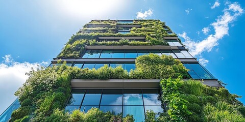 Poster - Vertical Gardens: Illustrate a cityscape with vertical gardens and greenery integrated into skyscrapers, emphasizing sustainability and innovation in urban design.