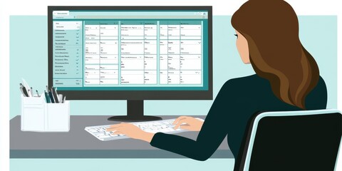 Leinwandbilder - Patient Scheduling Systems: Create an image of a receptionist using digital scheduling software to manage patient appointments at the hospital front desk.