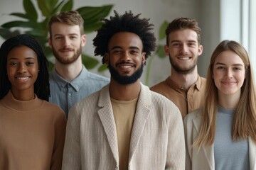 Portrait of standing in row smiling diverse team looking at camera. Happy multiethnic corporate staff, young specialists, company representatives, bank workers photo shoot, HR agency, Generative AI